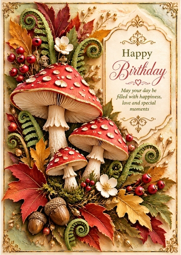 Enchanted Mushrooms - A4 Portrait - Birthday Card Topper
