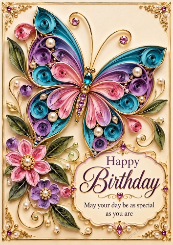Butterfly Jewels - A4 Portrait - Birthday Quilled Look Card Topper