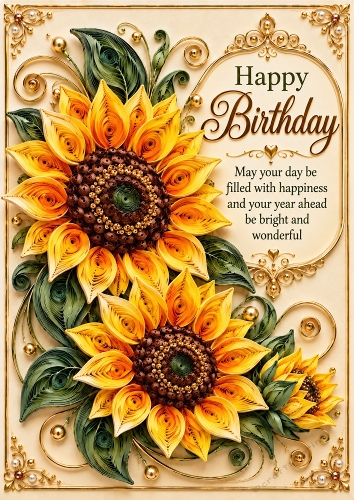 Golden Sunflowers - A4 Portrait - Birthday Quilled Look Card Topper