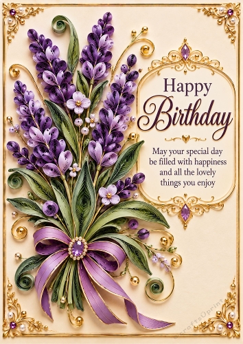 Lavender Elegance - A4 Portrait - Birthday Quilled Look Card Topper