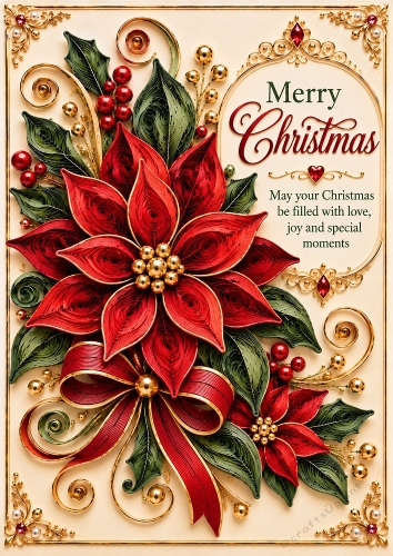 Ruby Poinsettia - A4 Portrait - Birthday Quilled Look Card Topper