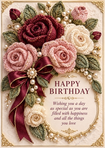 Burgundy Blossoms - A4 Portrait - Knitted Birthday Card Topper