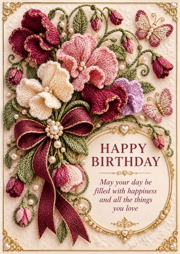 Sweet Pea Romance - A4 Portrait - Knitted Birthday Card Topper