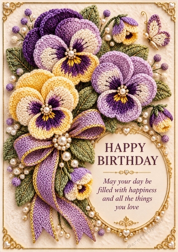 Pansies in Pastel - A4 Portrait - Knitted Birthday Card Topper