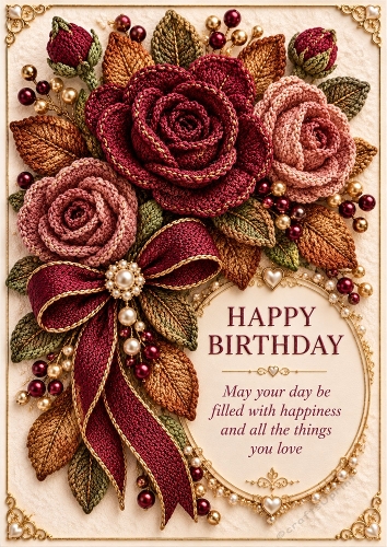 Autumn Rose Garden - A4 Portrait - Knitted Birthday Card Topper