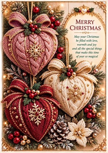 Cosy Hearts - A4 Portrait - Knitted Christmas Card Topper