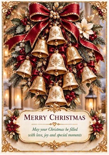 Golden Bells - A4 Portrait - Christmas Card Topper