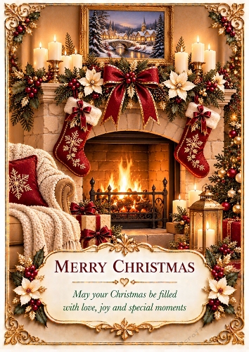 Christmas Eve Fireplace - A4 Portrait - Christmas Card Topper