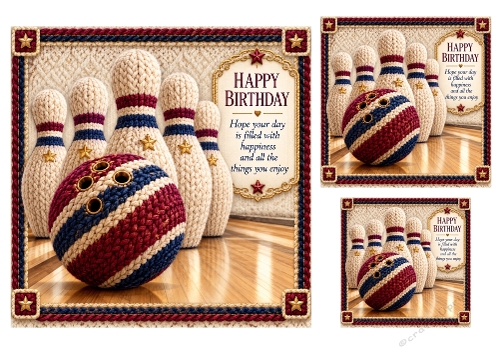 Bowling Fun - 7x7, 4x4 And 3x3 Knitted Look - Card Toppers