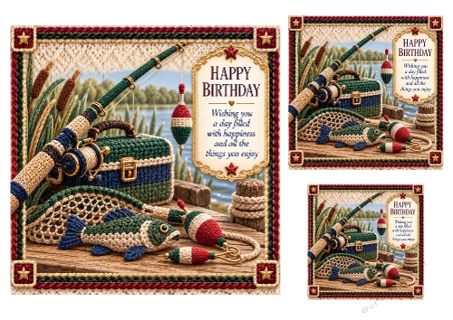 Fishing Match - 7x7, 4x4 And 3x3 Inch Knitted Look - Card Toppers