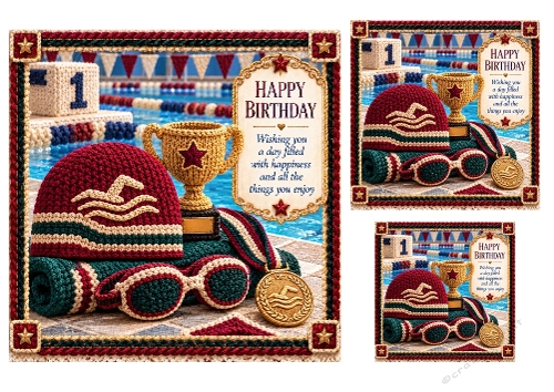 Swimming Champion - 7x7, 4x4 And 3x3 Inch Knitted Look - Card Toppers