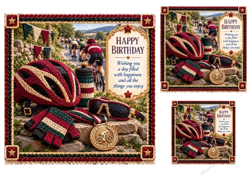Cycling Champion - 7x7, 4x4 And 3x3 Inch Knitted Look - Card Toppers