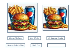 Burgers, Fries, and Soda Toppers.