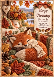 Knitted Autumn Fox Birthday A4 Portrait Card Topper