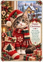 Knitted Cute Christmas Cat A4 Portrait Christmas Card Topper