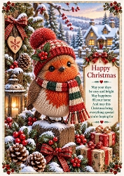 Knitted Cute Christmas Robin A4 Portrait Christmas Card Topper