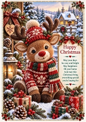 Knitted Cute Christmas Reindeer A4 Portrait Christmas Card Topper