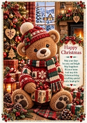 Knitted Cute Christmas Bear A4 Portrait Christmas Card Topper