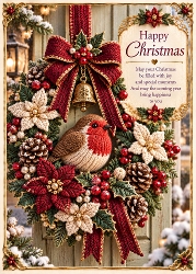 Knitted Robin Christmas Wreath - Christmas Card Topper 5x7 Inch