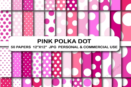 50 Pink Polka Dot Digital Papers, Polka Dots Digital Paper Pack