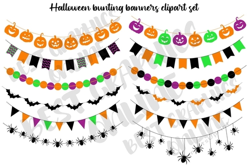 Halloween bunting banners clip art, Bat Spiders Pumpkins banner clipart