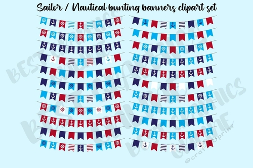 Nautical Bunting Clipart, Anchor Ships wheel Navy Sailor Bunting Banners Clipart