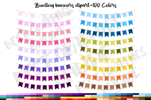 100 Bunting Banners Clip Art, Garland Clipart, Party Flags 