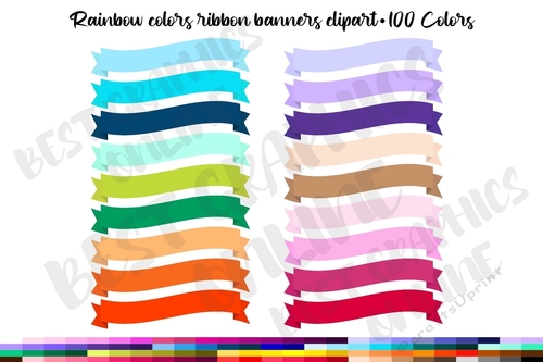 100 Rainbow Banners Clipart Set, Ribbon curved banners clip art