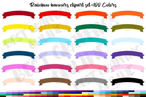 100 Rainbow Banners Clipart Set, Ribbon curved banners clip art