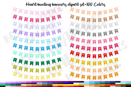 100 Hearts Bunting Banner Clip Art, Garland Clipart, Party banners clipart