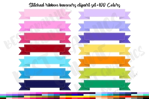 100 Stitched Digital Banner Clip Art Set, Party Ribbon Banners Clipart