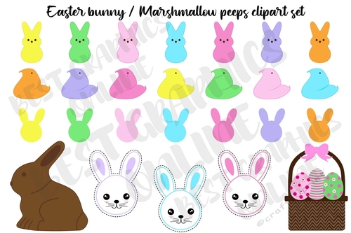 Easter Clipart, Chocolate bunny clip art graphic, Mashmallow peeps Eggs basket Clip art Graphics
