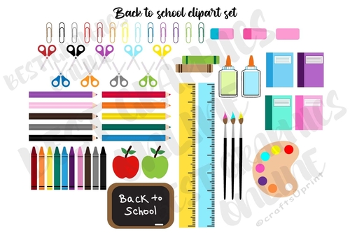 Kids back to school clipart clip art Pencil Crayons Blackboard Ruler Paint Brush Apple Books Scissors 