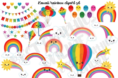 Kawaii Rainbow clipart set, Cute weather clip art, Rainbow Balloons Scrapbook Clipart, Clouds, Stars, Bunting banners, Sun