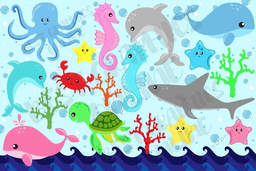 Nautical clipart set, whale, shark, turtle, dolphin, crab, Sea life clipart
