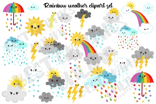 Kawaii weather clipart, Forecast Clipart, Planner Accessories, Weather Icons, Cloud Clipart, Sun Clipart 