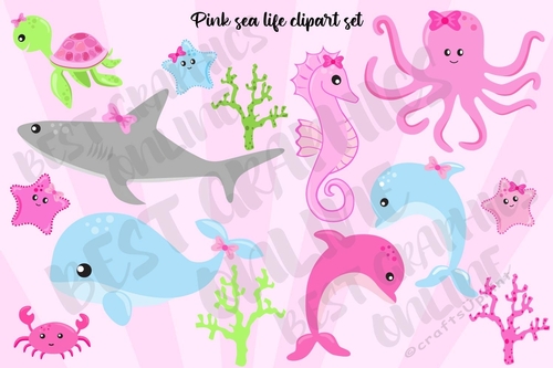 Sea Creatures Clipart Set, Sea Animals Clip Art Crab Fish Octopus Turtle Ocean Clip Art