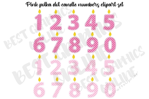 Pink Polka Dot Candle Numbers Clipart, Pink Birthday Party Candle Numbers with flame clip art