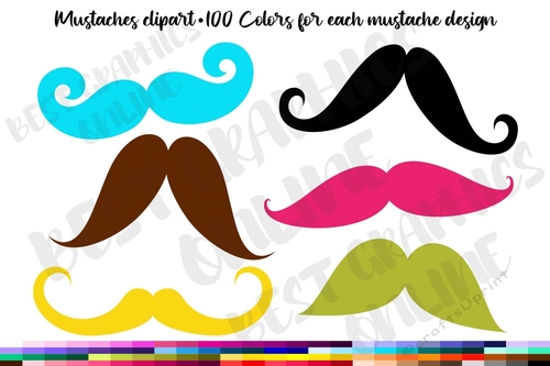 100 Colors Mustaches clipart set, Moustache clip art, Rainbow mustache clipart graphics