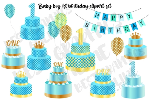 Birthday Party Blue Cake Baloons Bunting Banner Clip Art, Happy Birthday clipart