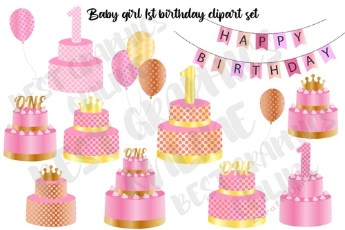Birthday Party Pink Cake Baloons Bunting Banner Clip Art, Happy Birthday clipart