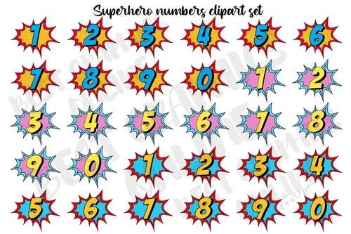 Superhero numbers clipart,  Cartoon Comic number clip art