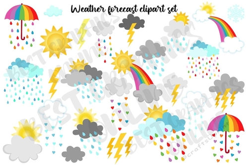 Weather Clipart, Weather Icons Cloud Sun Rain Rainbow Thunder Clipart 