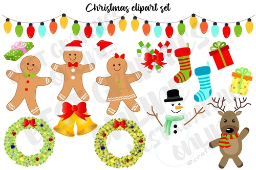 Christmas clipart set, Gingerbread baby, Snowman Reindeer Holiday Clipart, Christmas wreath, Christmas lights