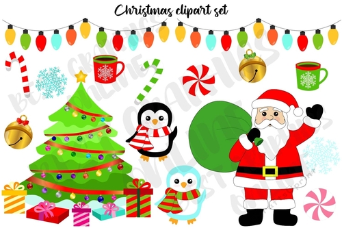 Christmas clipart set, Holiday Clipart, Christmas lights, Santa Clauss Clipart graphics