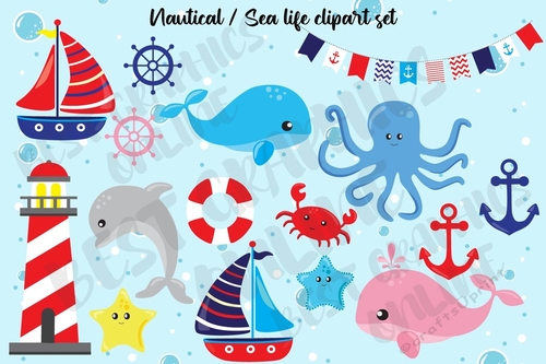 Nautical clipart, Boat, Anchor clip art graphics, Bunting banner, Whale clipart, Crab, Anchor