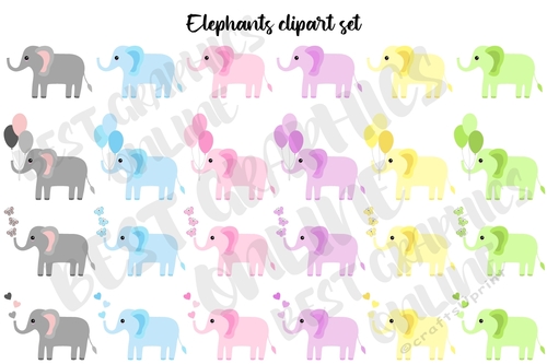 Elephants clipart set, Babyshower elephants clip art graphic