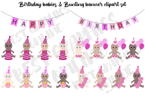 Pink Birthday Babies Clipart Graphics Set Babyshower Baby