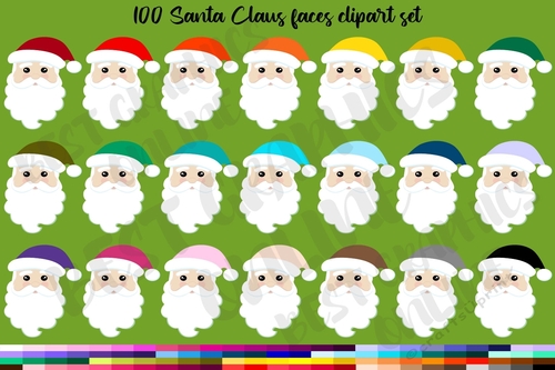 100 Santa Claus clipart, Holiday Santa faces clipart set