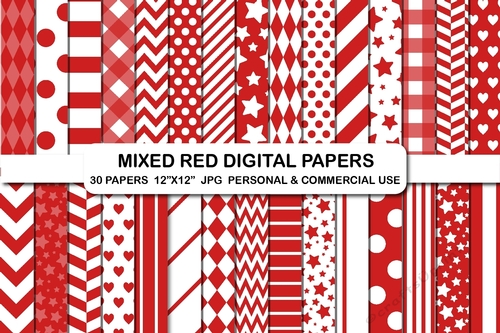 Mixed red digital papers, Stripes hearts chevron paper pack
